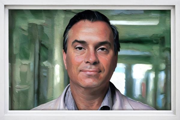 A painting of a man with dark hair set against a soft, muted background.