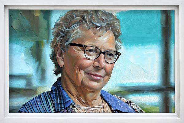 A painted image of woman with white hair and wearing glasses, set against a muted background.