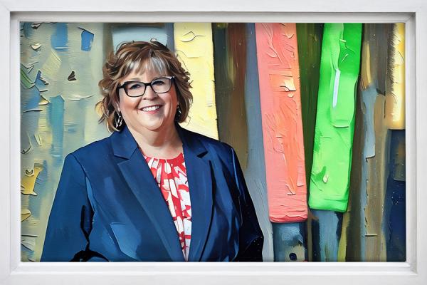 A painted image of a woman with light hair and wearing glasses, set against a muted background.