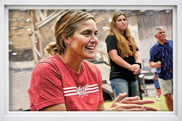 A painting of a woman with blonde hair wearing a red shirt and clapping, set against a soft, neutral background.