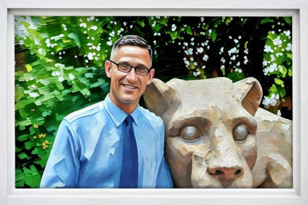 A painted image of a man wearing glasses and a tie, standing next to a statue of a lion.