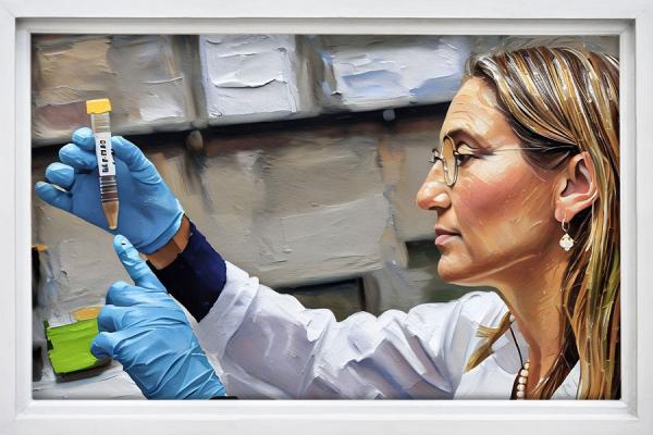 A female scientist in a lab coat holds a syringe, illustrating her role in healthcare and medical advancements.