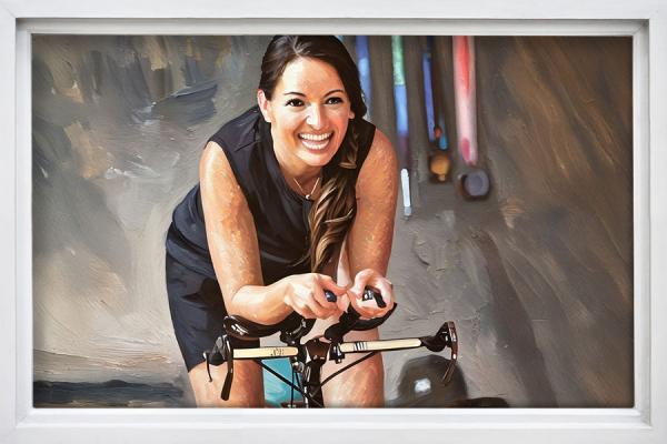 Oil painting of a women riding a stationary bike.