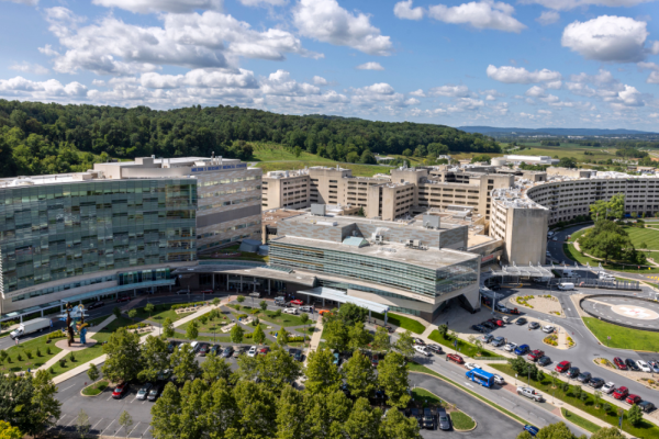 View from above of the Milton S. Hershey Medical Center, taken by a drone.