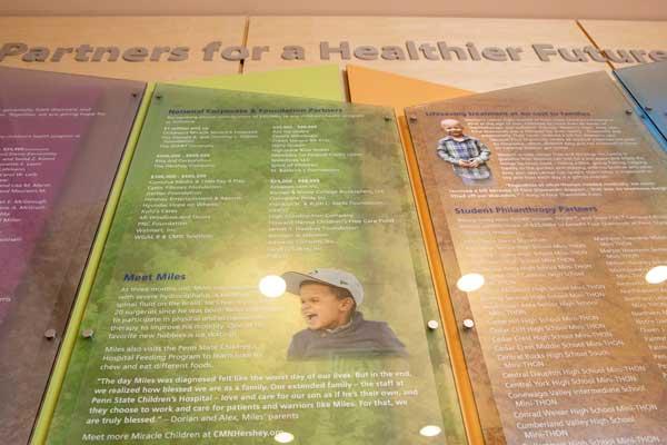 Partners for a Healthier Future donor wall inside Penn State Health Children's Hospital