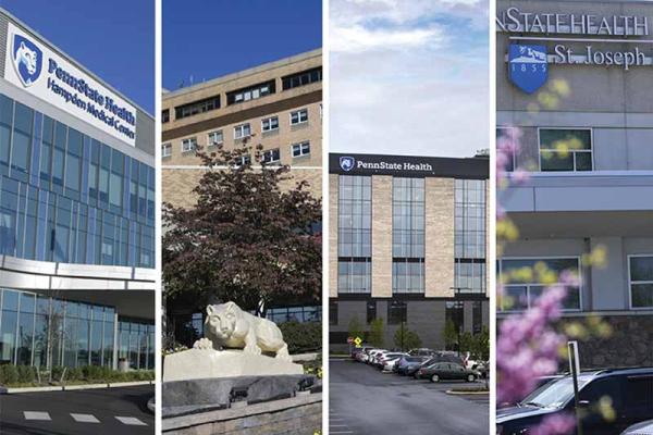 Collage of the entrances of four Penn State Health medical centers, including Penn State Health Hampden Medical Center, Holy Spirit Medical Center, Lancaster Medical Center and St. Joseph Medical.