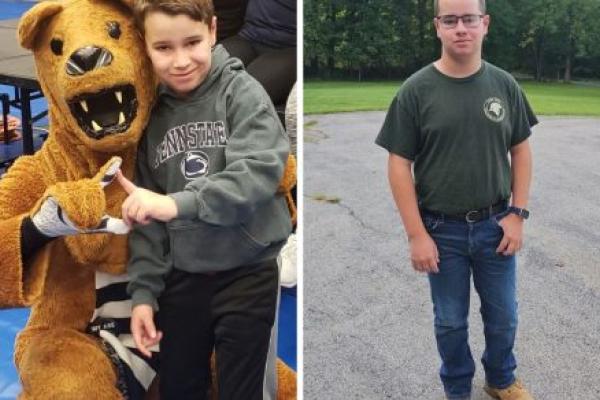 Side-by-side photos show Taiven at two stages of his journey. In the left image, he poses with the Penn State Nittany Lion mascot at THON. In the right image, he stands outdoors wearing a York County School of Technology landscaping program T-shirt, jeans and work boots.