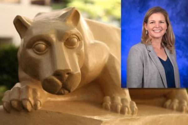 A close-up photo of a nittany lion statue resting on a stone base outdoors, with a professional portrait of a smiling woman in a gray blazer overlaid in the upper-right corner against a blue studio background.