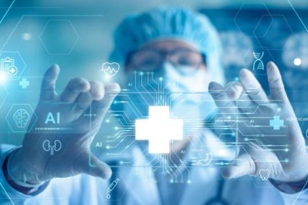 Illustration shows a doctor using AI robots for diagnosis.