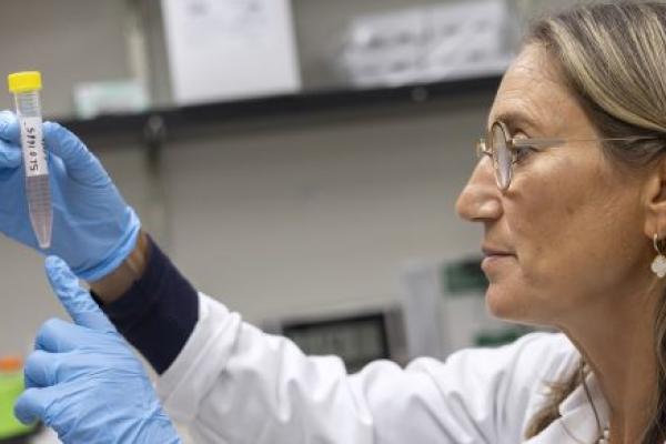 Dr. Sholler holds up a test tube with hands sheathed in rubber gloves. She examines the contents inside.