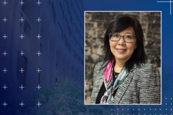 A head and shoulders professional portrait of Karen Kim, MD, against a background image of Penn State College of Medicine.