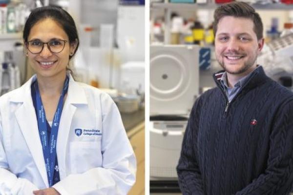 A combined image of two side-by-side images, one on the left showing a photo of Mayura Dhamdhere in a research lab and one on the right showing Mason Breitzig in a research lab.