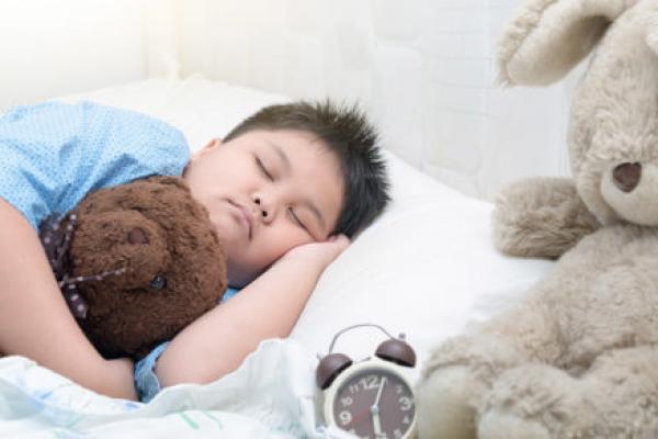 A child sleeps holding a small teddy bear while lying beside a larger stuffed animal.