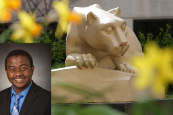 A professional headshot of Dr. Paddy Ssentongo, superimposed over a photo of a Nittany Lion statue. The statue is surrounded by flowers, slightly out of focus.