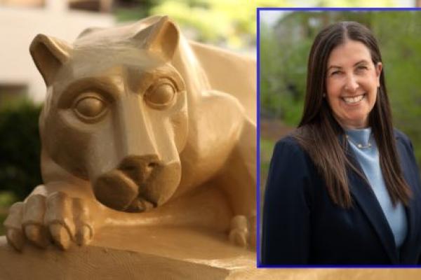 A headshot of Dara Royer wearing professional attire is placed over top a larger image of a Penn State Nittany Lion statue.