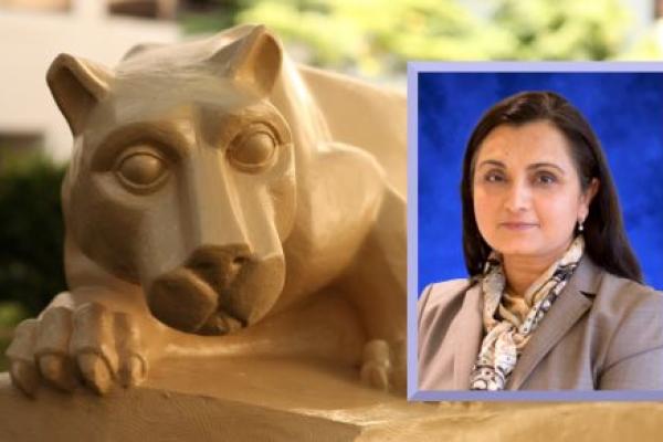 A professional headshot of Mumtaz Darbar is placed over an image of a Penn State Nittany Lion statue.