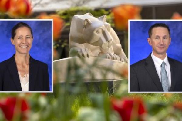 Professional headshots of Dr. Marthe Haverkamp and Matthew Kemmann are placed side by side over an image of a Penn State Nittany Lion statue. Flowers and a building are also in the background.