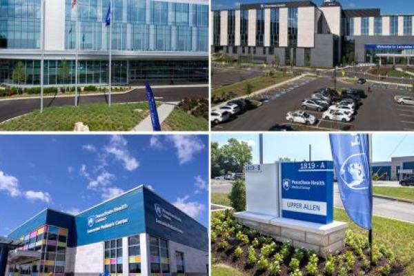 A composite image depicting Penn State Health's Hampden Medical Center, Lancaster Medical Center, Lancaster Pediatric Center and Penn State Health Medical Group - Upper Allen.