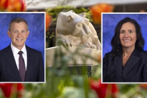 Professional headshot photos of Kyle Snyder and Tracy Moyer are placed over the image of a Penn State Nittany Lion statue that’s in a garden setting.