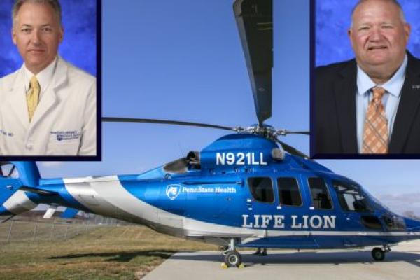 Professional headshots of Dr. Chadd Nesbit and Keith McMinn are superimposed over a photo of a Penn State Health Life Lion helicopter.