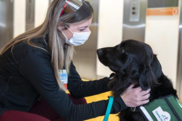 Stacy Gloudemans crouches down and places her hands on the back of Pilot, a facility dog, who wears a service vest. Elevators are in the background.