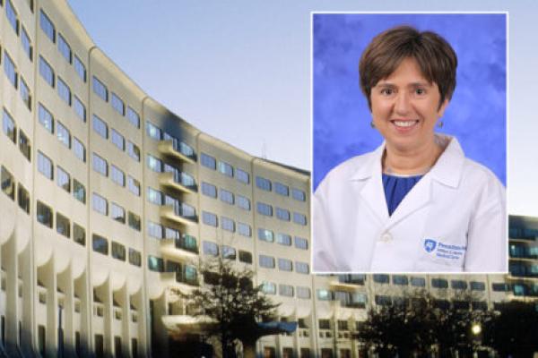 A head and shoulders professional portrait of Dr. Aleksandra Zgierska against a background image of Penn State College of Medicine.