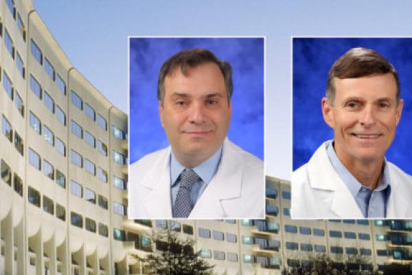 Head and shoulders professional portraits of Dr. Dino Ravnic and David Craft against a background image of Penn State College of Medicine.