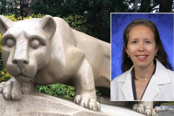 A head and shoulders professional portrait of Ingrid Scott against a background image of the Penn State Nittany Lion Shrine.