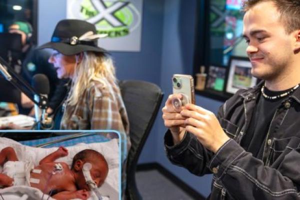 Side-by-side images show Sam Erikson as a premature infant receiving care in the NICU at Penn State Health Golisano Children’s Hospital and, years later, as an adult recording a video on his phone during the People’s Pay 4 Play event at a radio station studio.