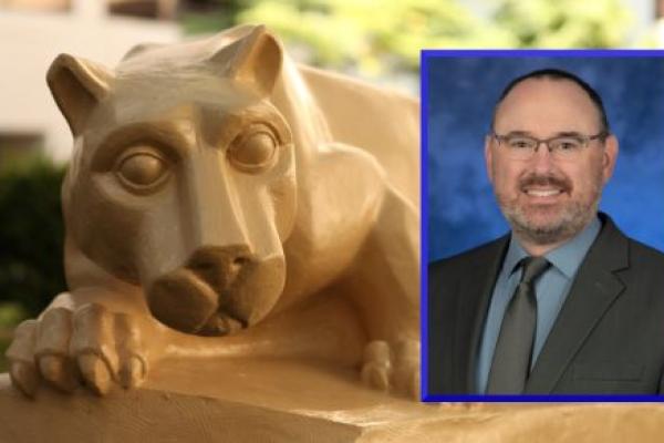 A professional headshot of Bradley Stevens is placed over a photo of a Penn State Nittany Lion statue in an outdoor courtyard.