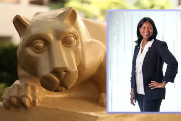 A professional photo of Leslyn Williamson is placed over a photo of Nittany Lion statue.