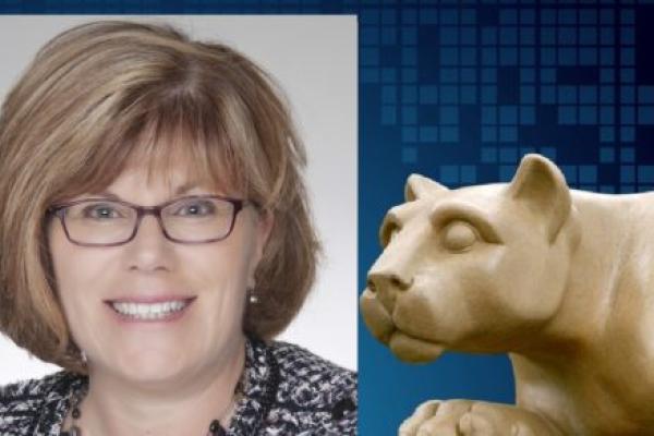 A portrait of Barbara Zuppa is superimposed on top of an illustration featuring a statue of the Penn State Nittany Lion.