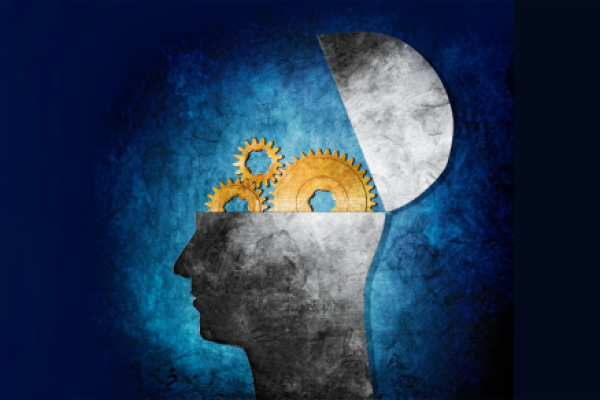 Stylized image of a human head opening up with gears inside
