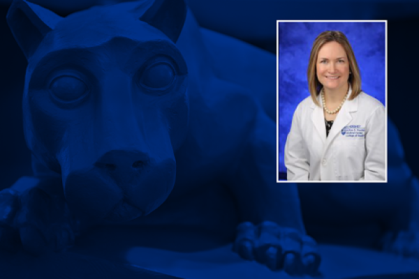 A portrait of Dr. April Armstrong is superimposed over an image of the Penn State Nittany Lion statue.