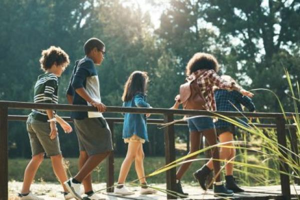 Five children walk across a wooden walking bridge. Various trees and weeds are in the foreground and background.
