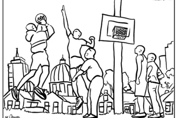 Illustration of people playing basketball with a city in the background.