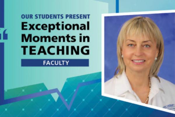 Dr. Daleela Dodge is pictured next to the words “Our Students Present Exceptional Moments in Teaching”