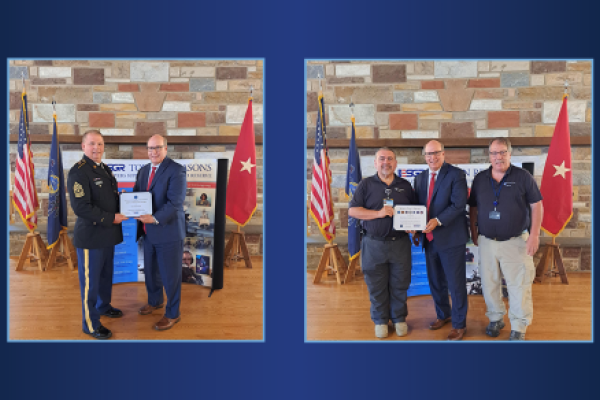 Left photo: Steven Stinsky, left, security manager at St. Joseph Medical Center and sergeant major in the U.S. Army Reserve, presents Penn State Health CEO Steve Massini with the Employer Support of the Guard and Reserve’s Above and Beyond Award. Stinsky is wearing a uniform. Massini is wearing a suit and tie. Behind them is a poster board display, an American flag, state flag and other flag. Right photo: From left, Duane Nieves, Steve Massini and Kevin Dalpiaz receive the Seven Seals Award for Life Lion LL