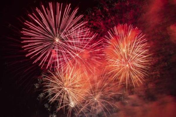Fireworks are shown exploding in the sky.