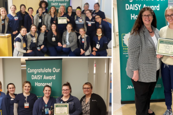 A collage of photos features: Two women stand in front of a sign that reads, Congratulate Our DAISY Award. Honoree. The woman on the right holds a certificate. Group of male and female nurses and nurse leaders wearing scrubs, stand around a female nurse holding a certificate in a hospital hallway. The sign behind them reads, Congratulate Our DAISY Award Honoree. Group of female nurses and nurse leaders stand around a female nurse holding a certificate in a hospital hallway. The sign behind them reads, Congr