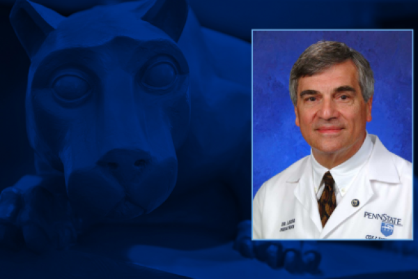 A portrait image of a man in a white coat sits atop the main image. The main image is a Nittany Lion statue with the head to the left of the portrait.
