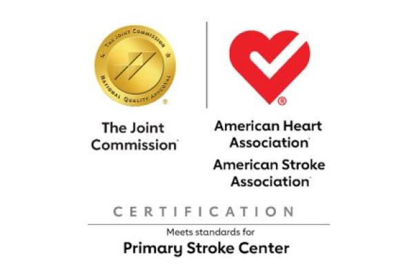 Images of gold seal and a heart, depicting the awards from The Joint Commission and American Heart Association for Primary Stroke Center designation.