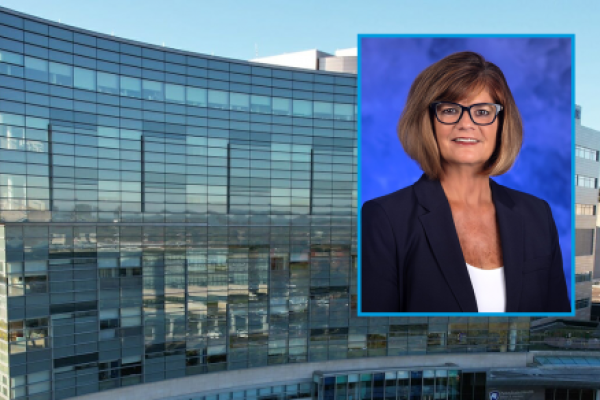 A photo of Tammy Derk wearing professional attire is placed over an image of Penn State Health Golisano Children's Hospital.