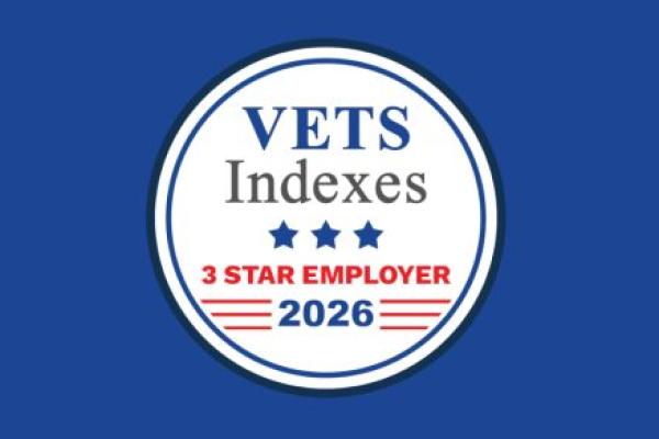 A circular badge reading "VETS Indexes, 3 Star Employer, 2026" is placed on a solid background.