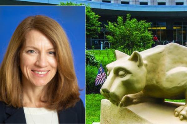 Portrait of Dr. Kimberly Wolf over a photo of the Nittany Lion statue in front of the medical center.
