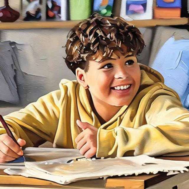 Young male with a big smile on his face sitting at a table drawing.