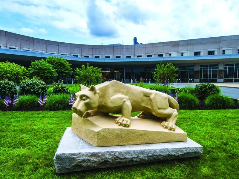 A nittany lion statue stands in front of the Penn State Health St. Joseph Medical Center.