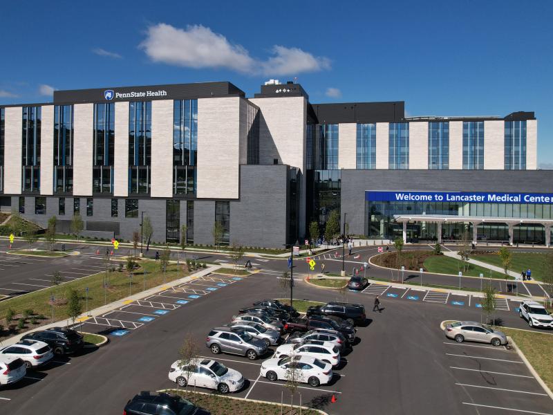 The exterior of Penn State Health Lancaster Medical Center on a sunny, fall day.