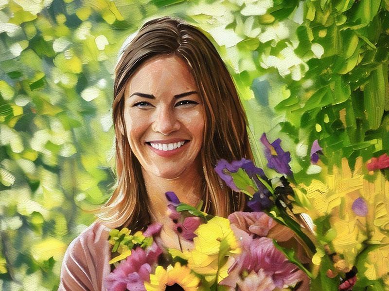 A painted image of Amanda Rinehart holding a bouquet of flowers