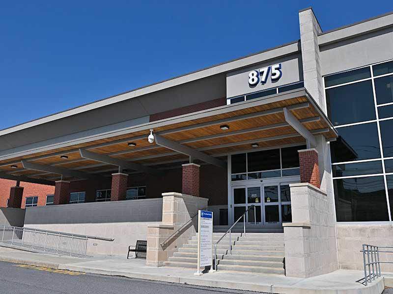 Exterior entrance of Penn State Health Camp Hill Outpatient Center Cardiology and Cardiothoracic Surgery.
